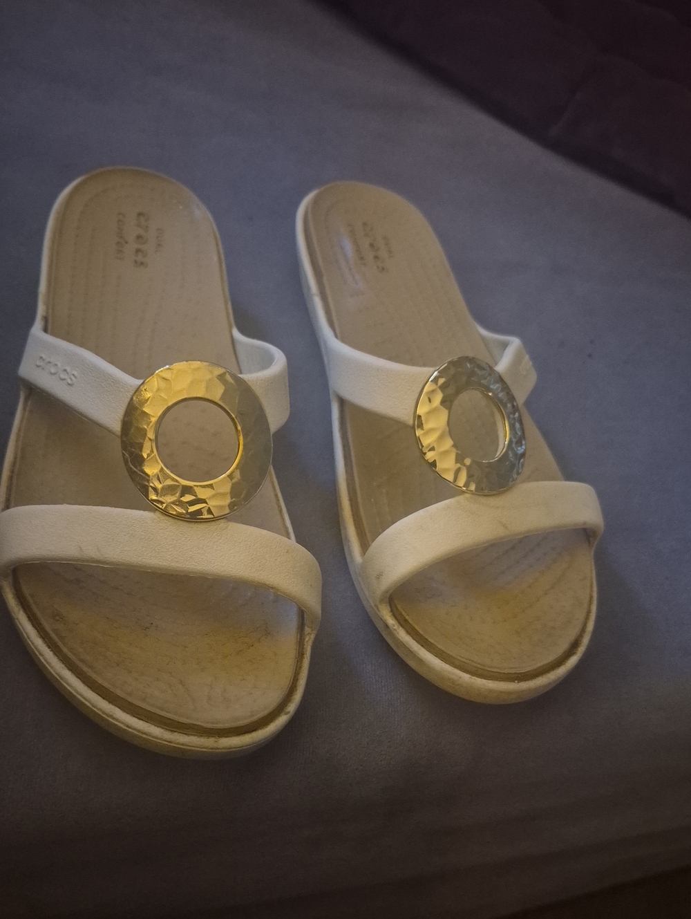 CROCS White Slide Sandals with Gold Medallion